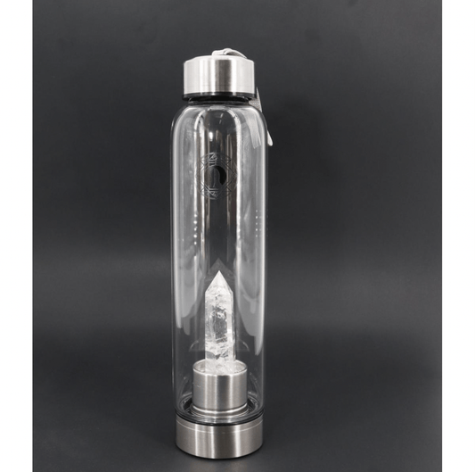 Glass Water Bottle with Clear Quartz Obelisk - Spiral Circle