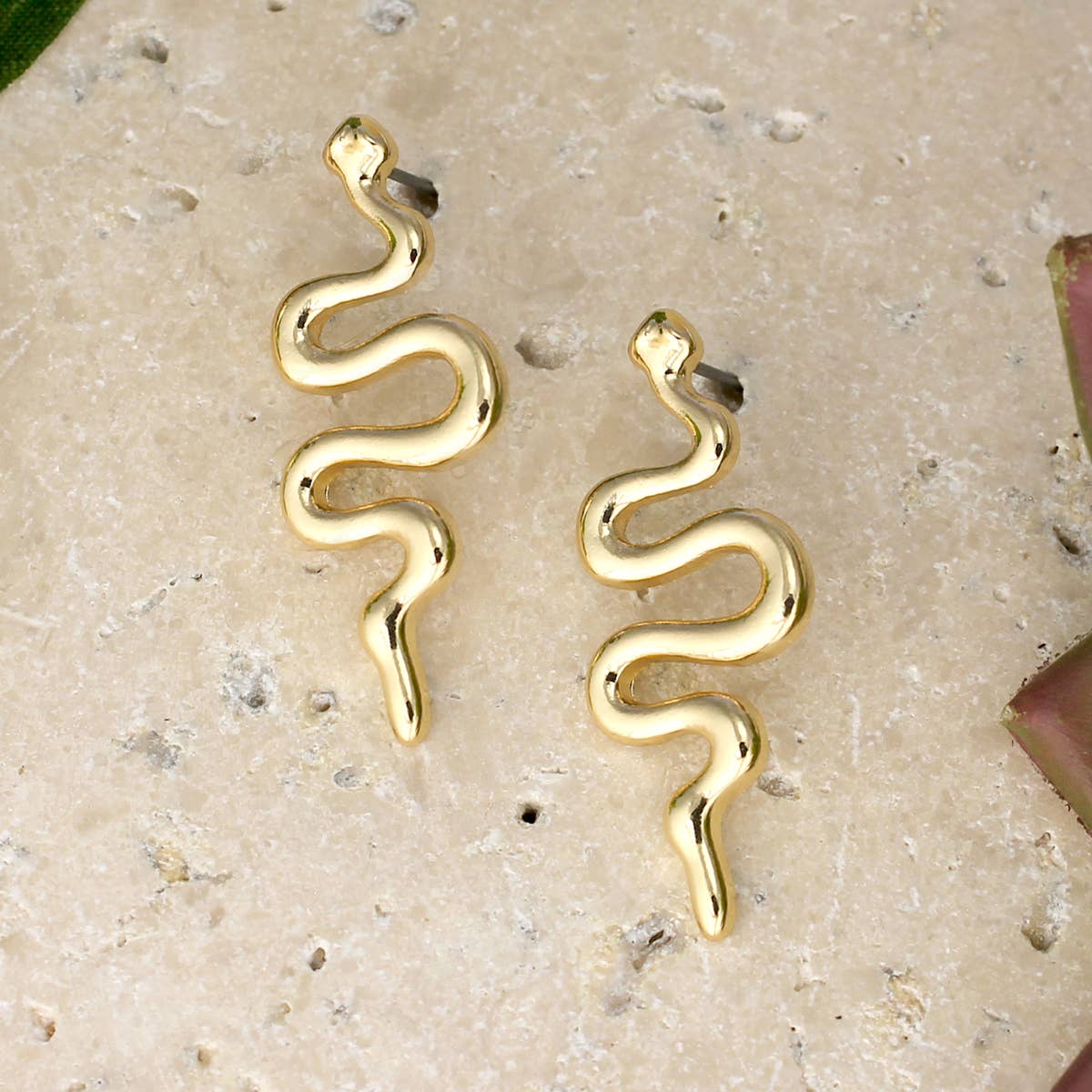 Gold Curvy Snake Post Earrings - Spiral Circle
