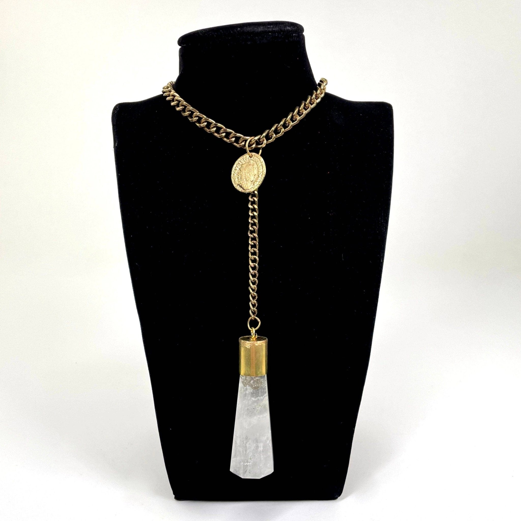 Gold Plated Chain | Crystal Quartz and Coin Necklace - Spiral Circle