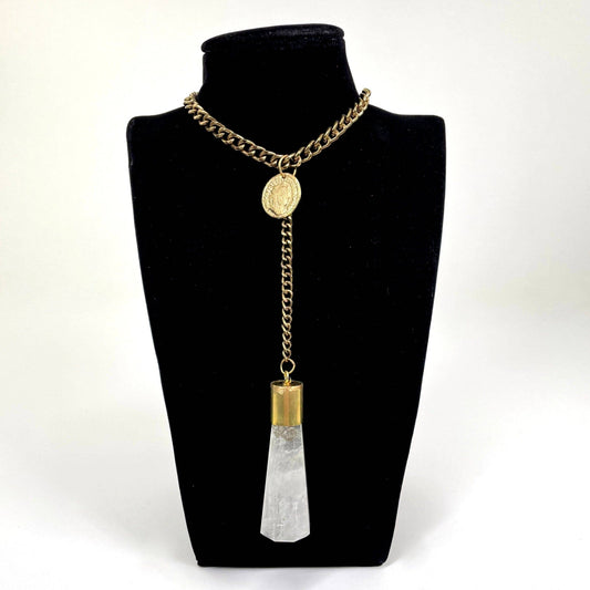 Gold Plated Chain | Crystal Quartz and Coin Necklace - Spiral Circle