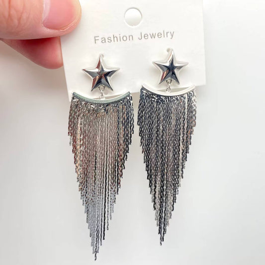 Gold Plated Metal Chain Fringe Star Post Earrings - Spiral Circle