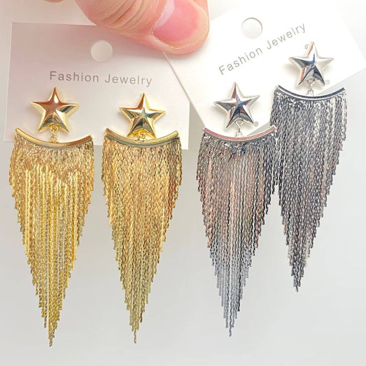 Gold Plated Metal Chain Fringe Star Post Earrings - Spiral Circle