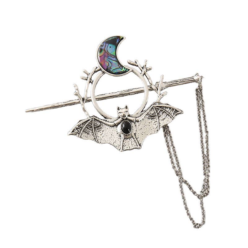 Gothic Bat and Moon Chain Hair Stick - Spiral Circle