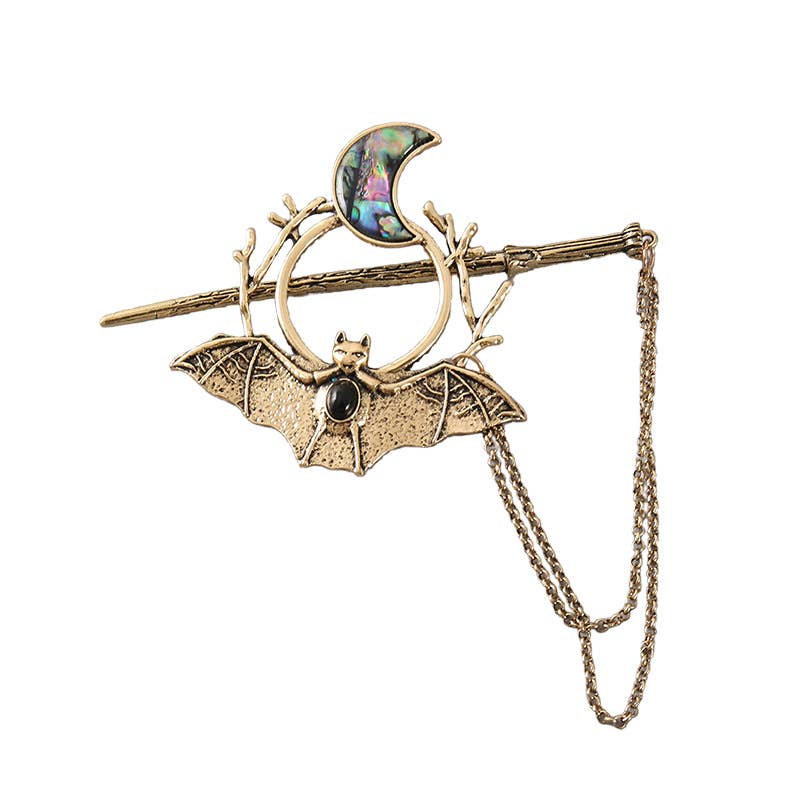 Gothic Bat and Moon Chain Hair Stick - Spiral Circle