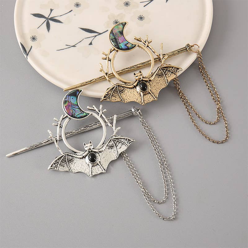 Gothic Bat and Moon Chain Hair Stick - Spiral Circle