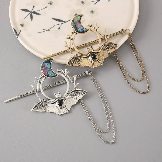 Gothic Bat and Moon Chain Hair Stick - Spiral Circle