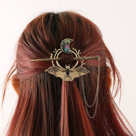 Gothic Bat and Moon Chain Hair Stick - Spiral Circle