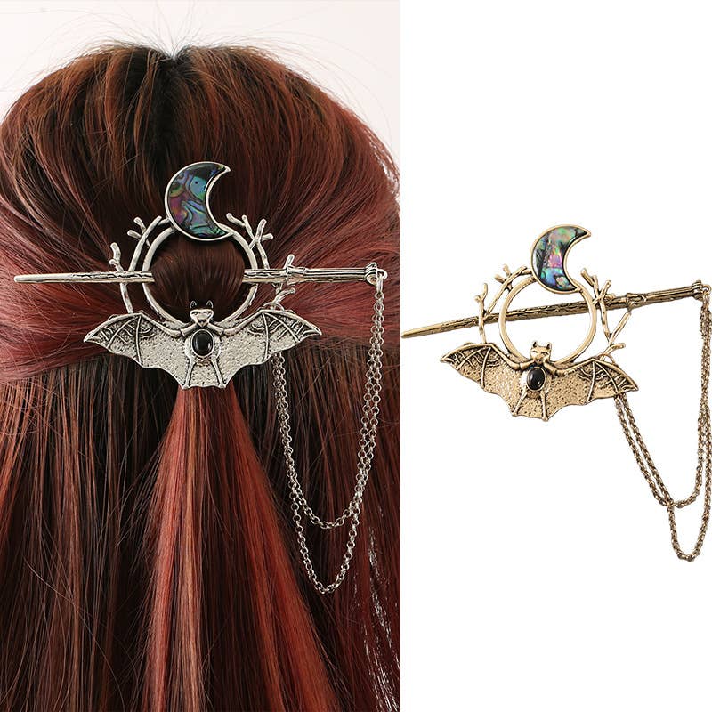 Gothic Bat and Moon Chain Hair Stick - Spiral Circle