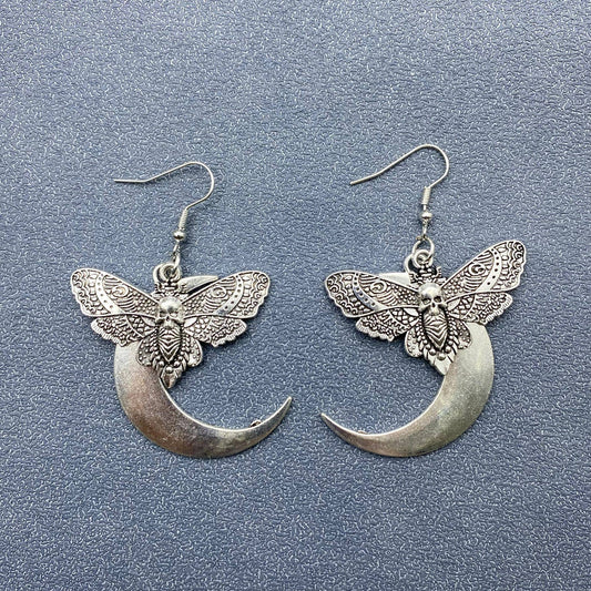 Gothic Skull Moth Moon Dangle Earrings - Spiral Circle