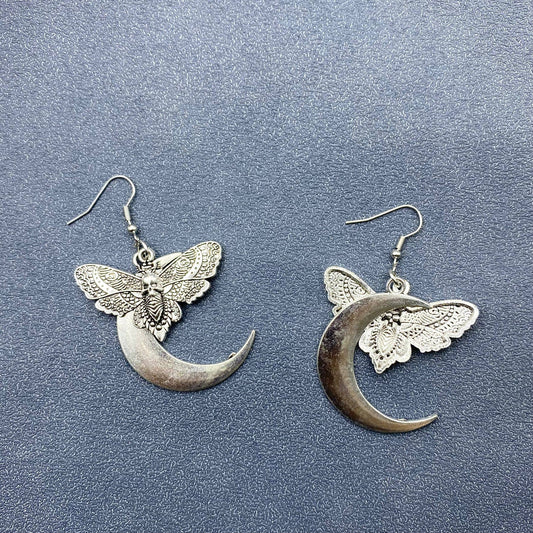 Gothic Skull Moth Moon Dangle Earrings - Spiral Circle
