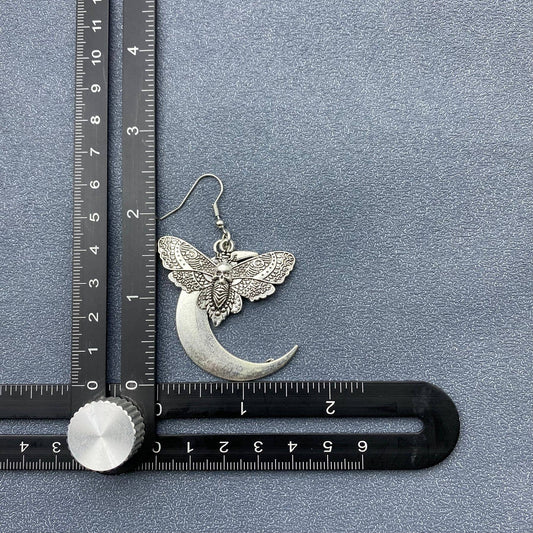Gothic Skull Moth Moon Dangle Earrings - Spiral Circle