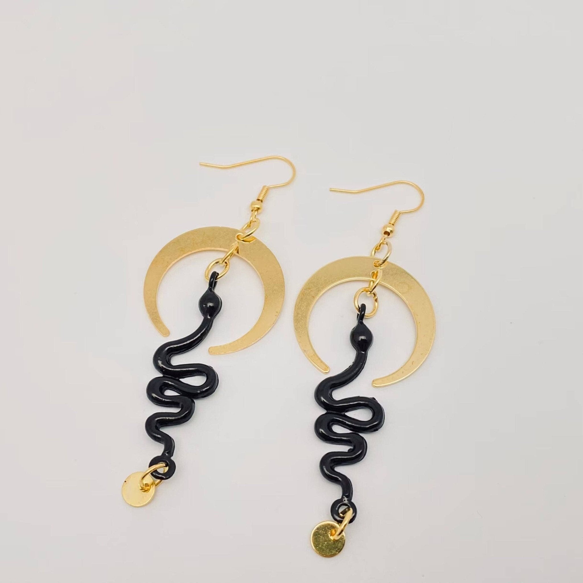 Gothic Snake Earrings Golden Bend Moon Earrings - Spiral Circle