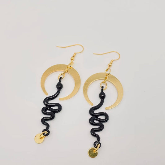 Gothic Snake Earrings Golden Bend Moon Earrings - Spiral Circle