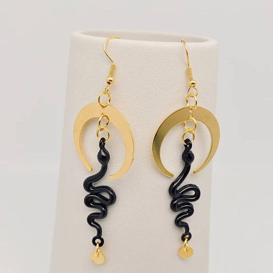 Gothic Snake Earrings Golden Bend Moon Earrings - Spiral Circle