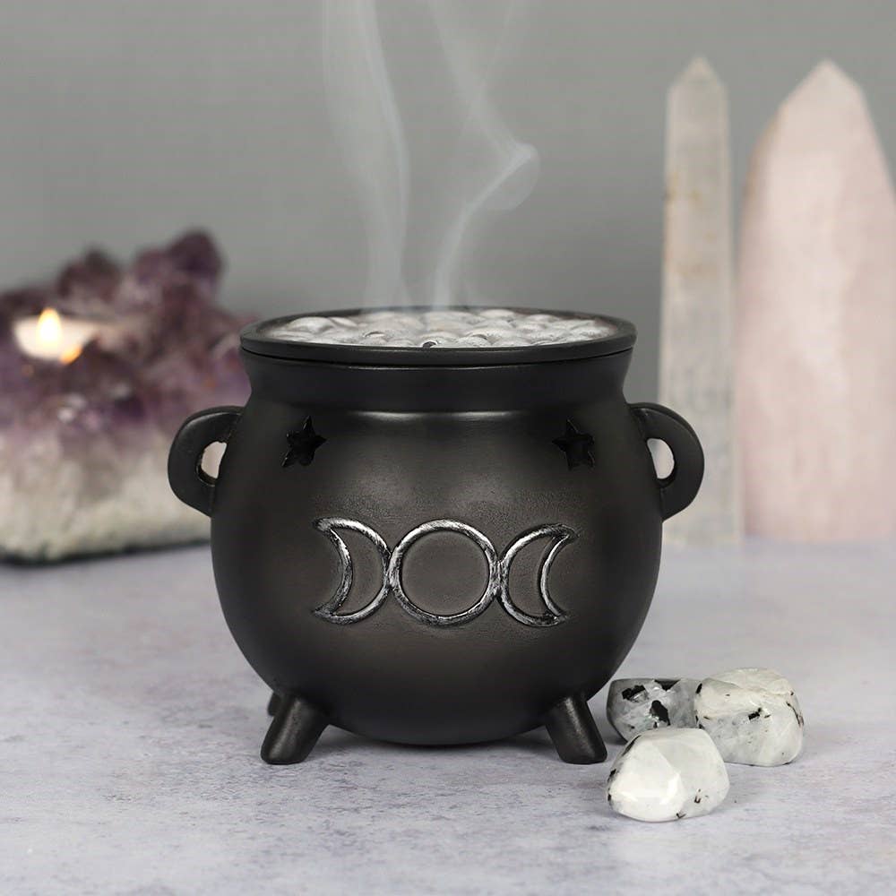 Gothic Triple Moon Cauldron Incense Cone Holder - Spiral Circle