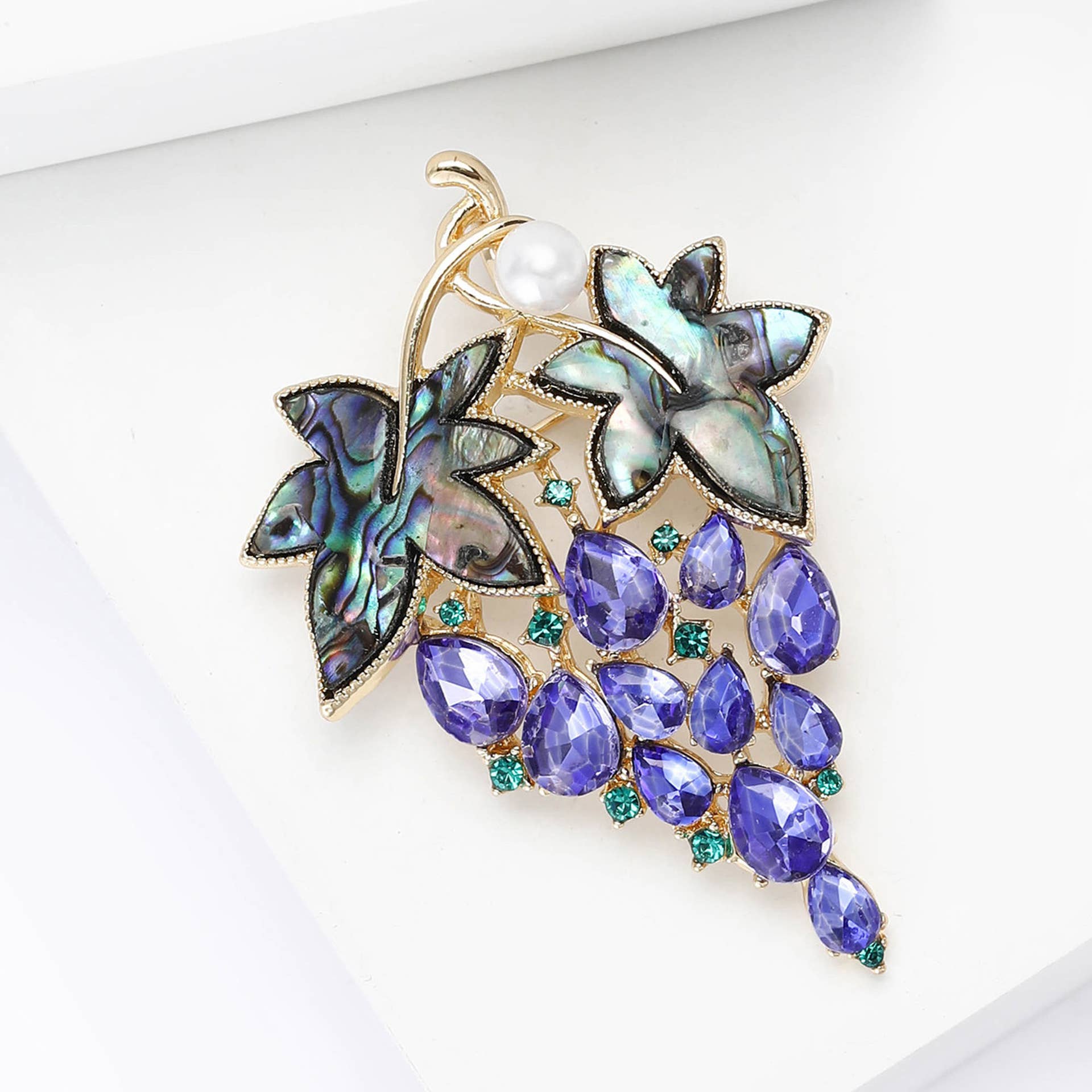 Grape & Abalone Leaf Brooch - Spiral Circle