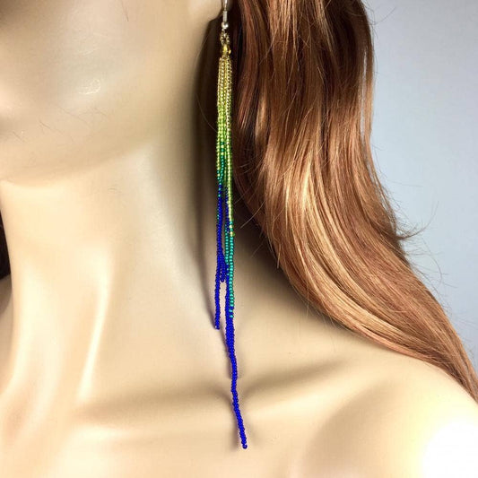 Green Blue Beaded Earrings - Spiral Circle