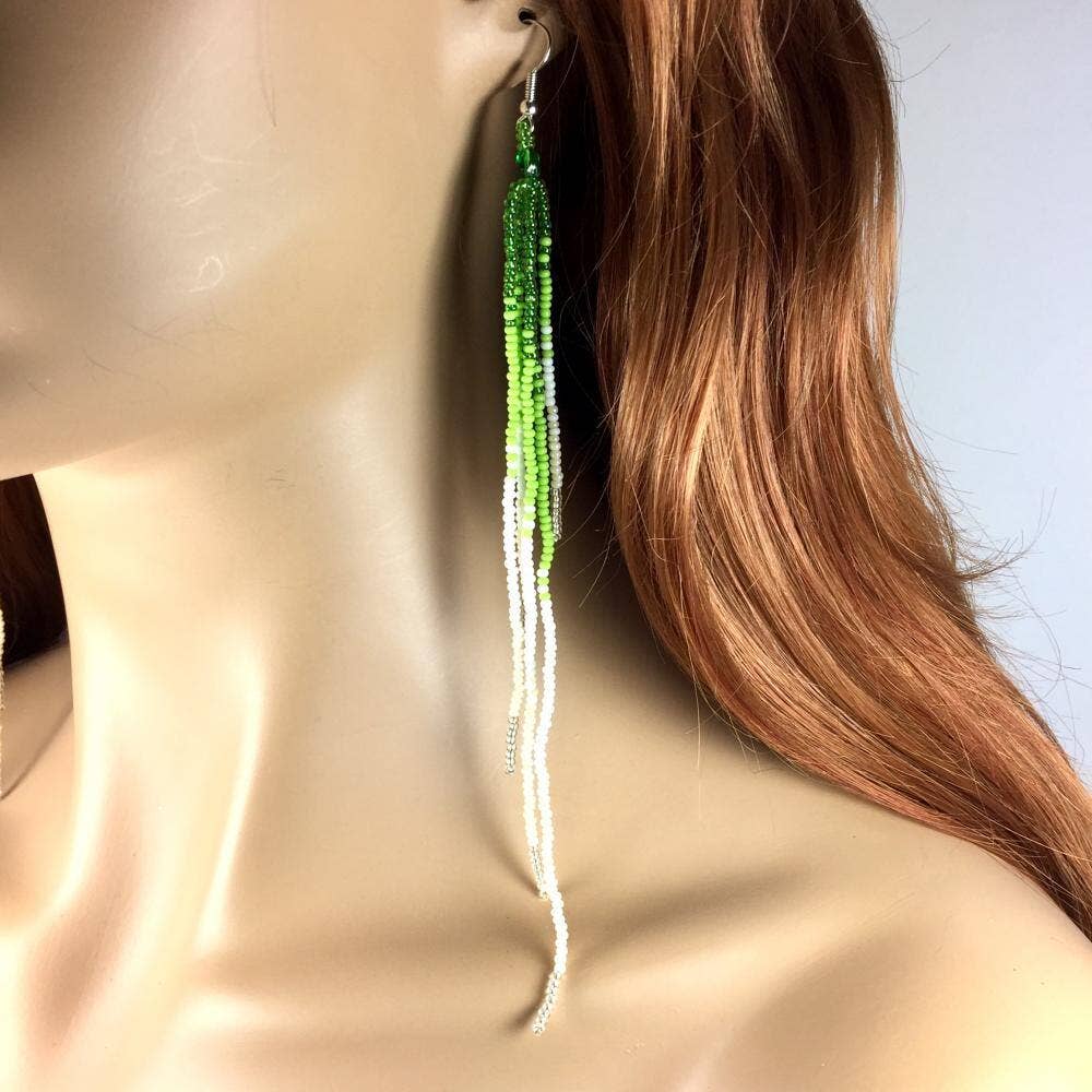 Green Cream Beaded Earrings - Spiral Circle