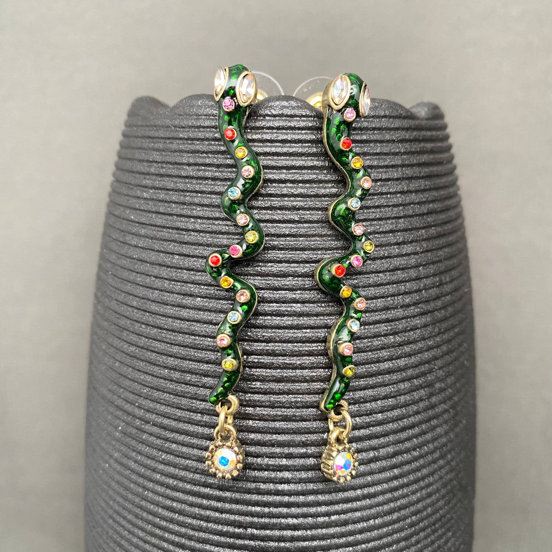 Green Enamel Snake Earrings - Spiral Circle