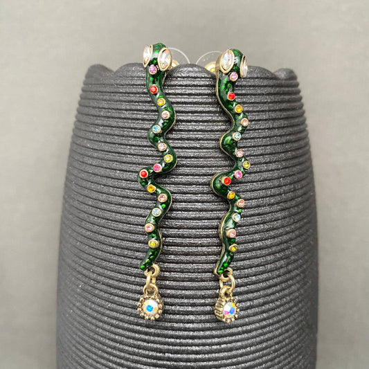 Green Enamel Snake Earrings - Spiral Circle
