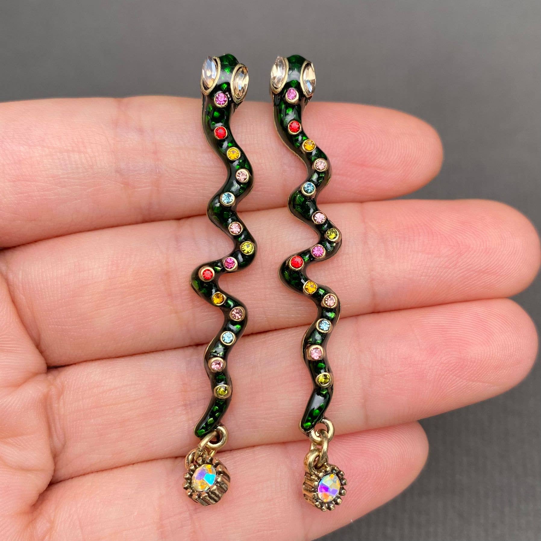 Green Enamel Snake Earrings - Spiral Circle