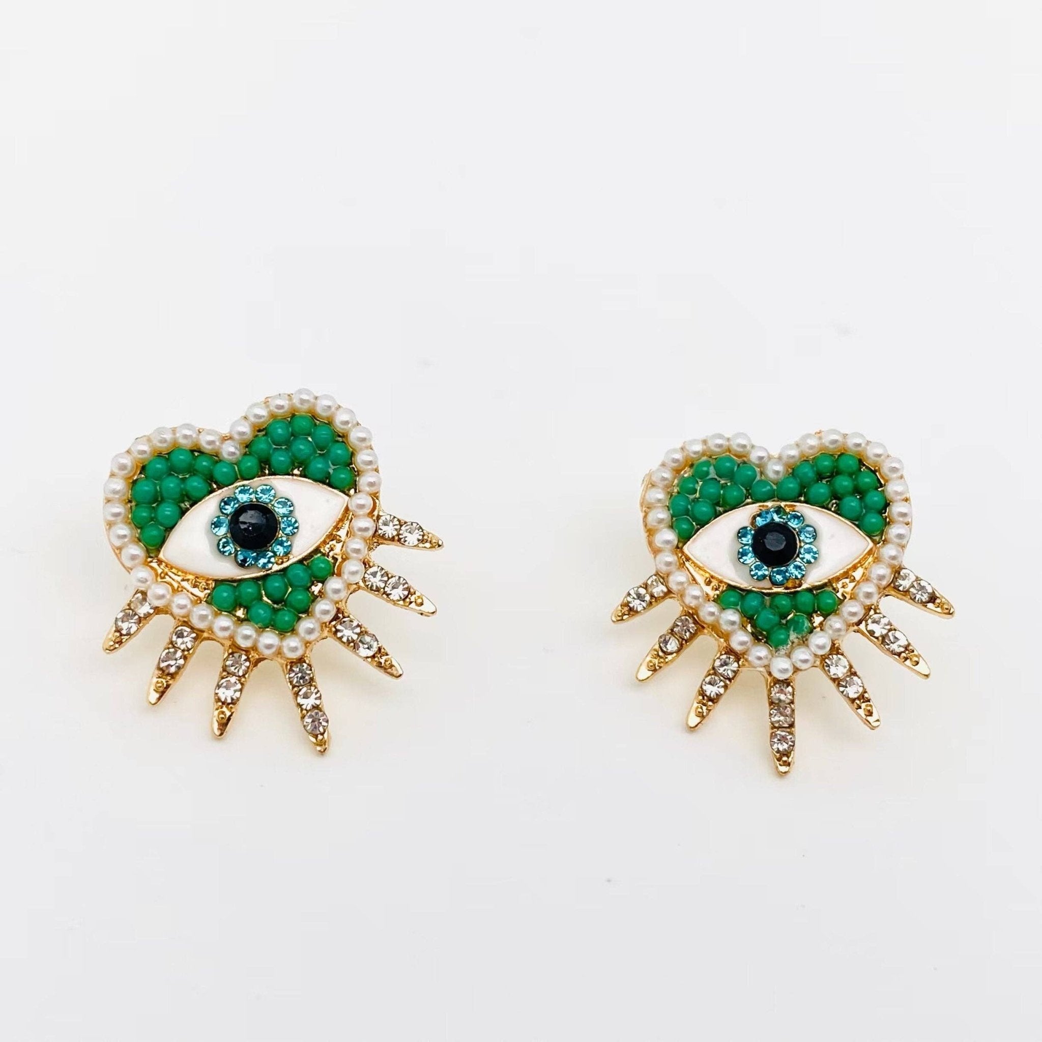 Green Heart Evil Eye | Stud Earrings - Spiral Circle