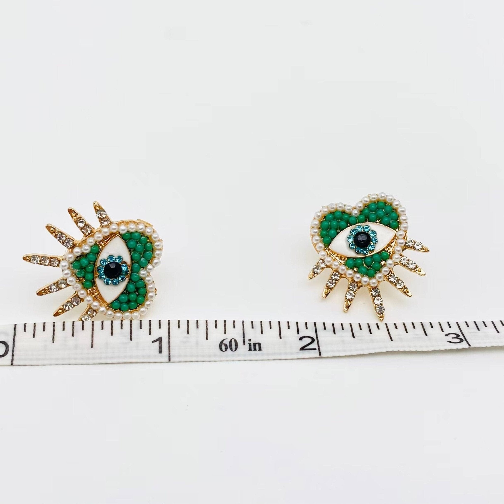 Green Heart Evil Eye | Stud Earrings - Spiral Circle