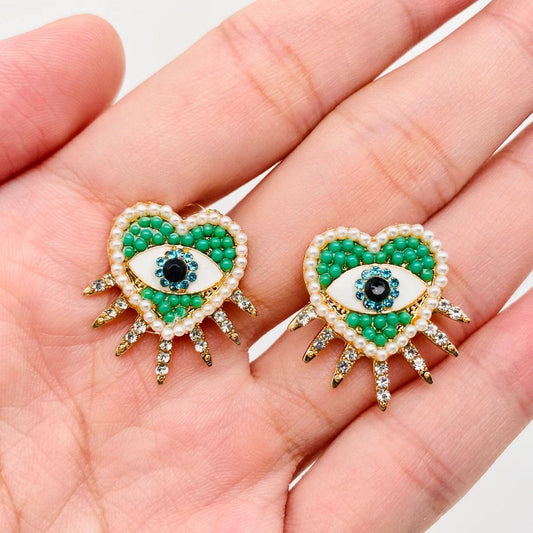 Green Heart Evil Eye | Stud Earrings - Spiral Circle