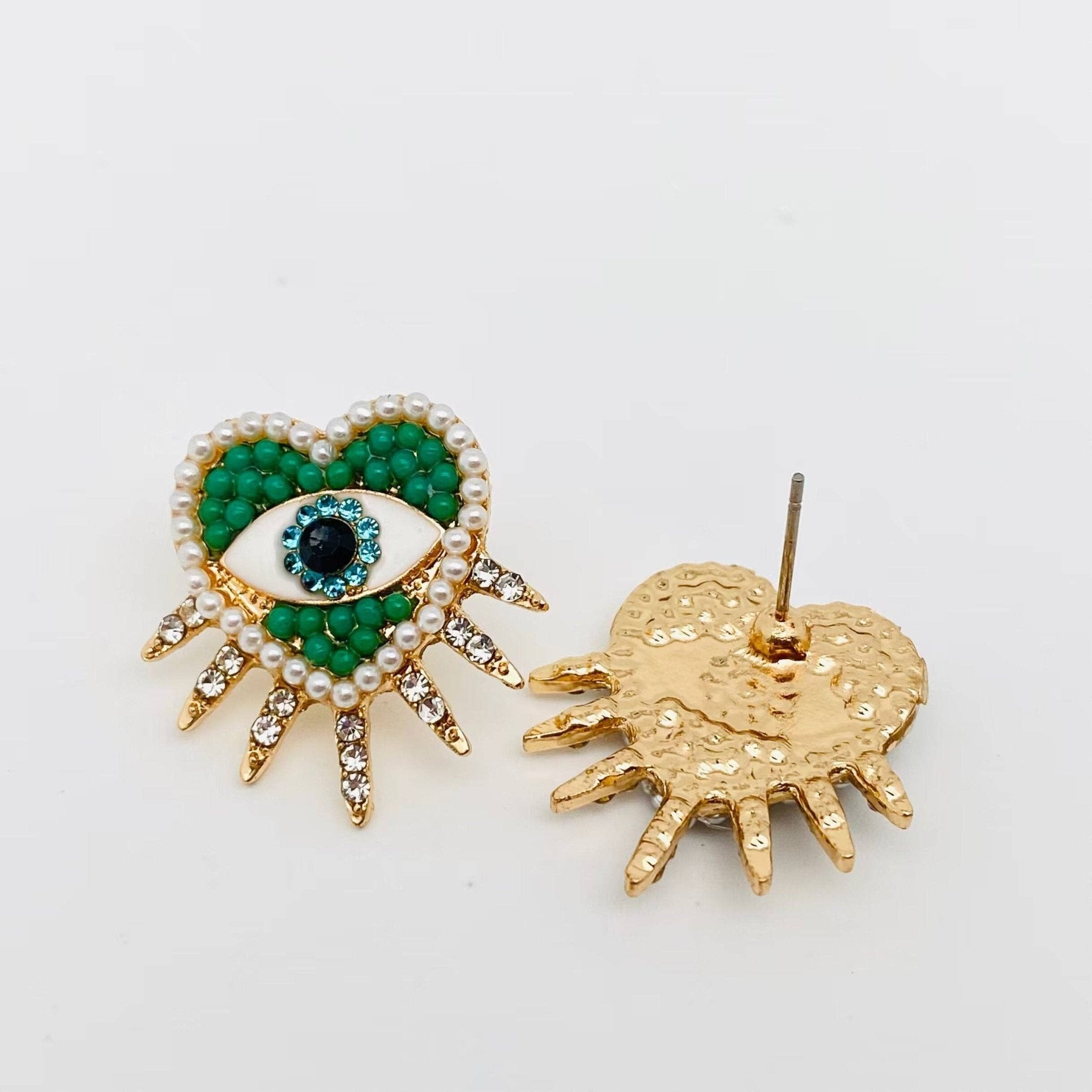 Green Heart Evil Eye | Stud Earrings - Spiral Circle