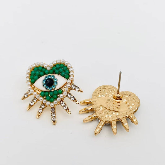 Green Heart Evil Eye | Stud Earrings - Spiral Circle