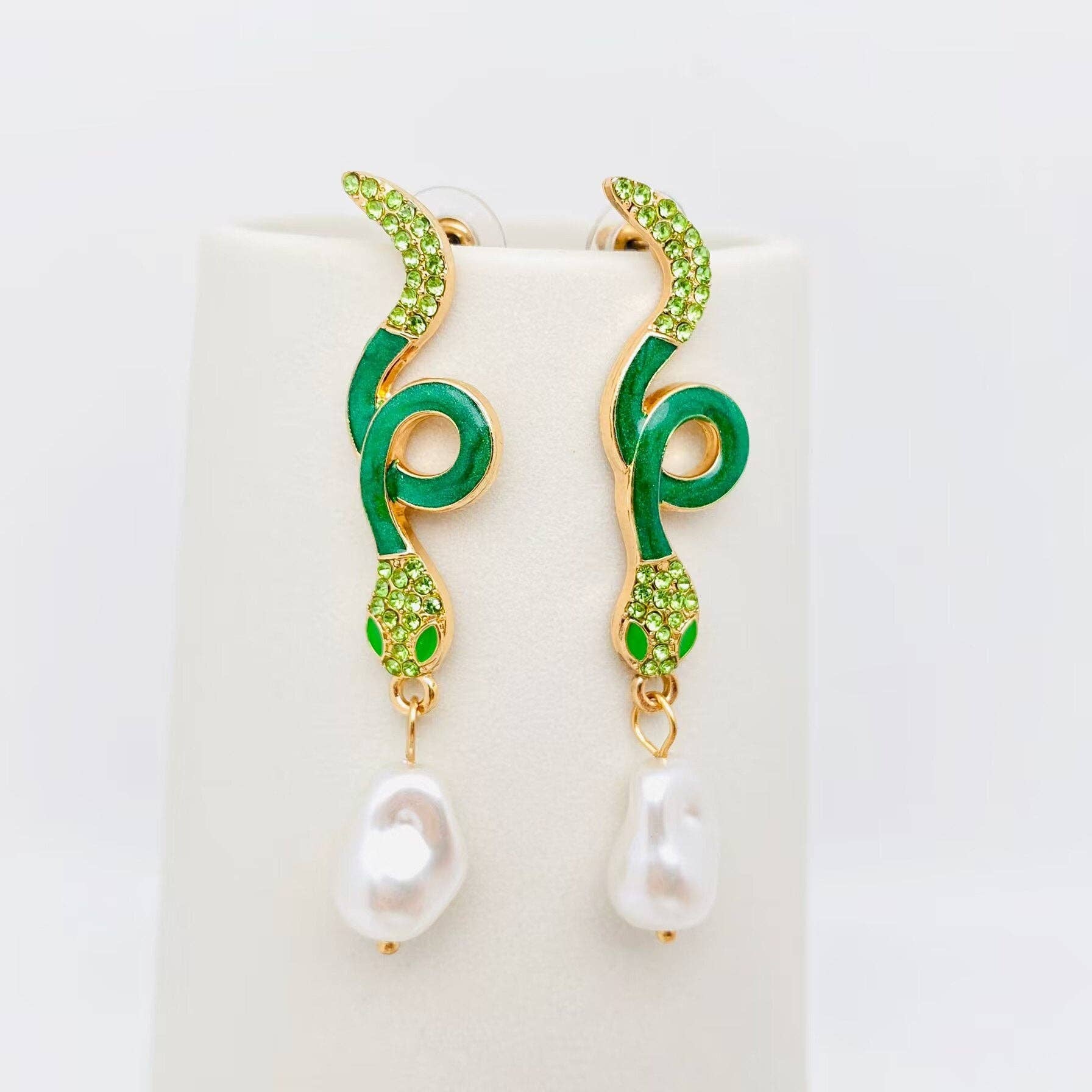 Green Rhinestone Enamel Snake Post Earrings - Spiral Circle
