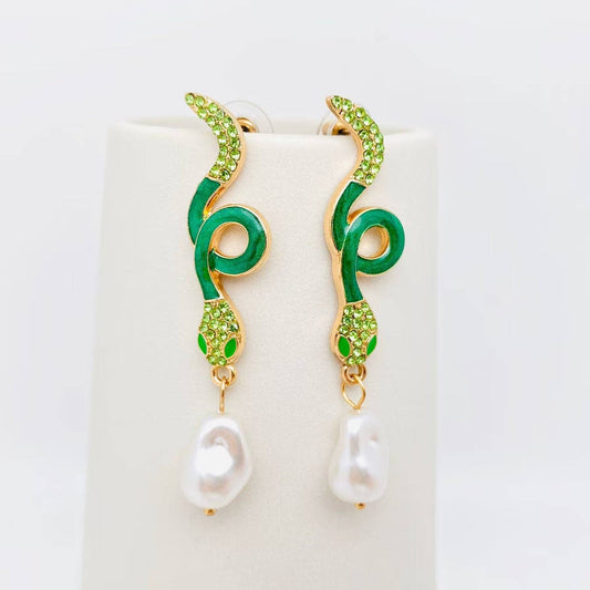 Green Rhinestone Enamel Snake Post Earrings - Spiral Circle