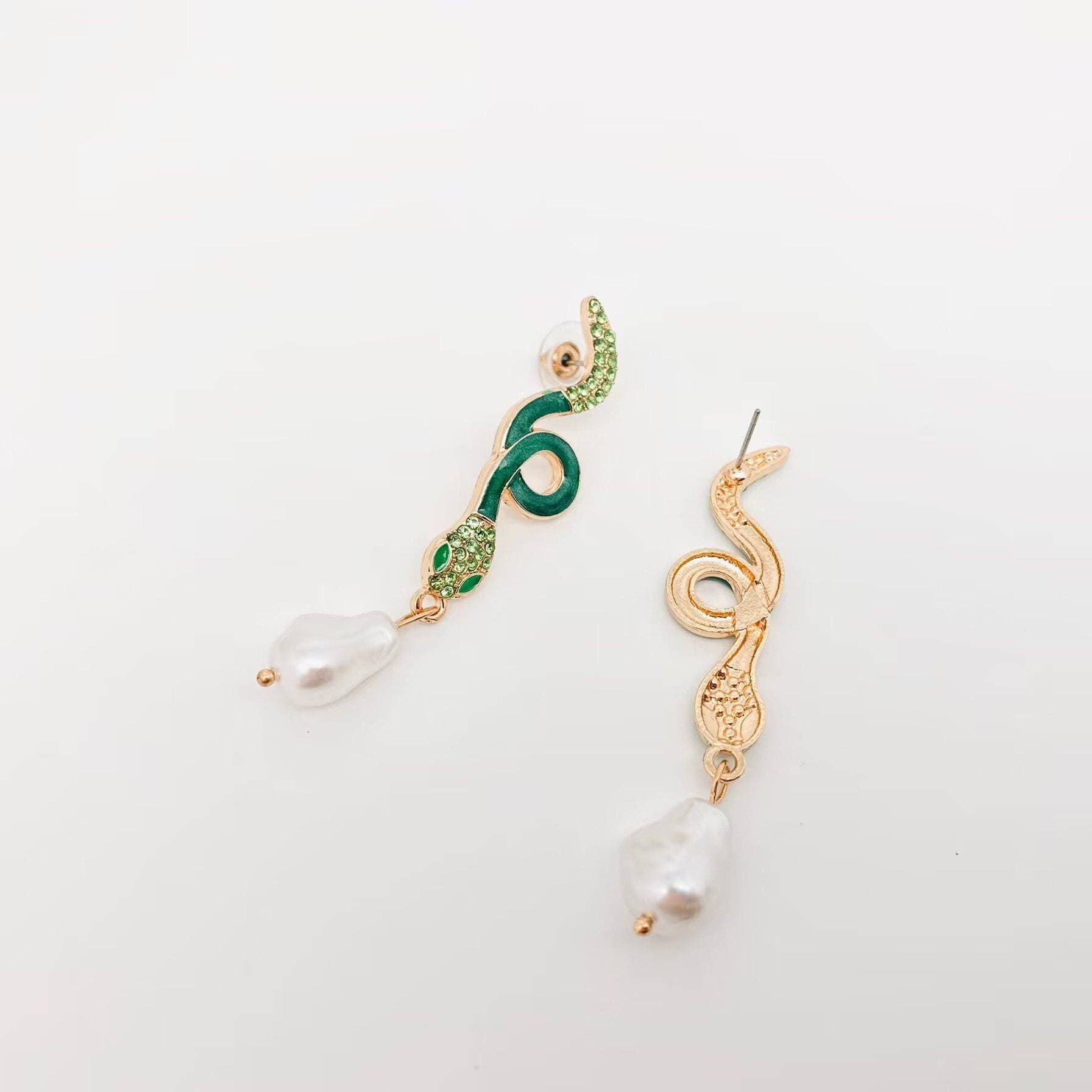 Green Rhinestone Enamel Snake Post Earrings - Spiral Circle