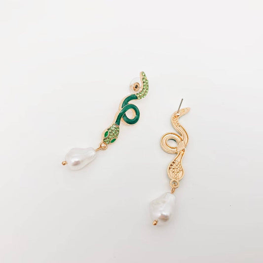 Green Rhinestone Enamel Snake Post Earrings - Spiral Circle
