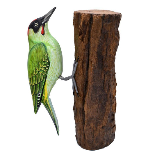 Green woodpecker on tree trunk, hand carved and painted - Spiral Circle