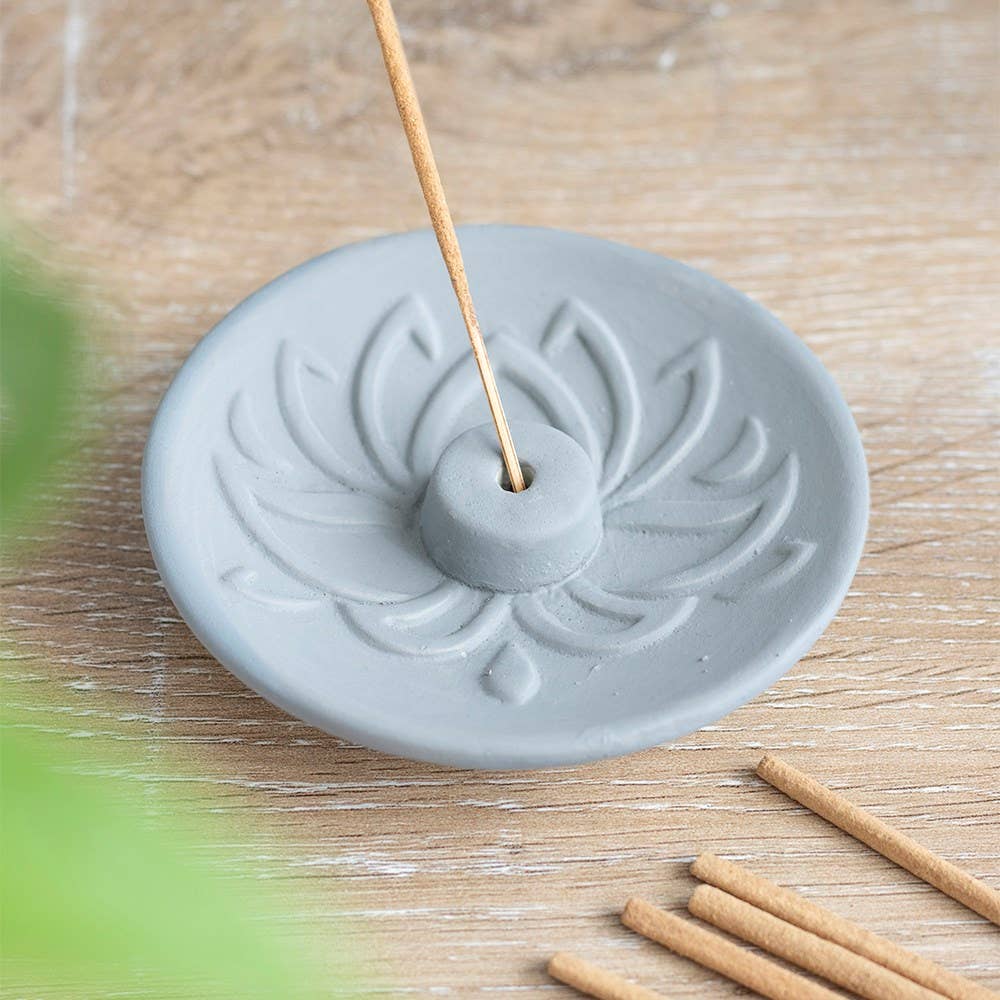 Grey Lotus Terracotta Incense Plate - Spiral Circle