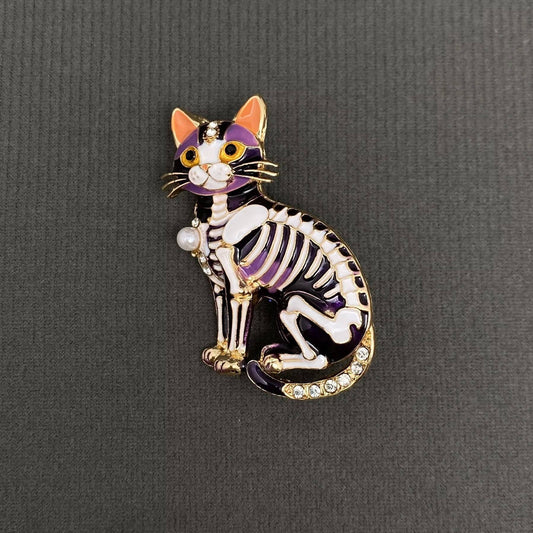 Halloween Enamel Skull Cat Brooch - Spiral Circle