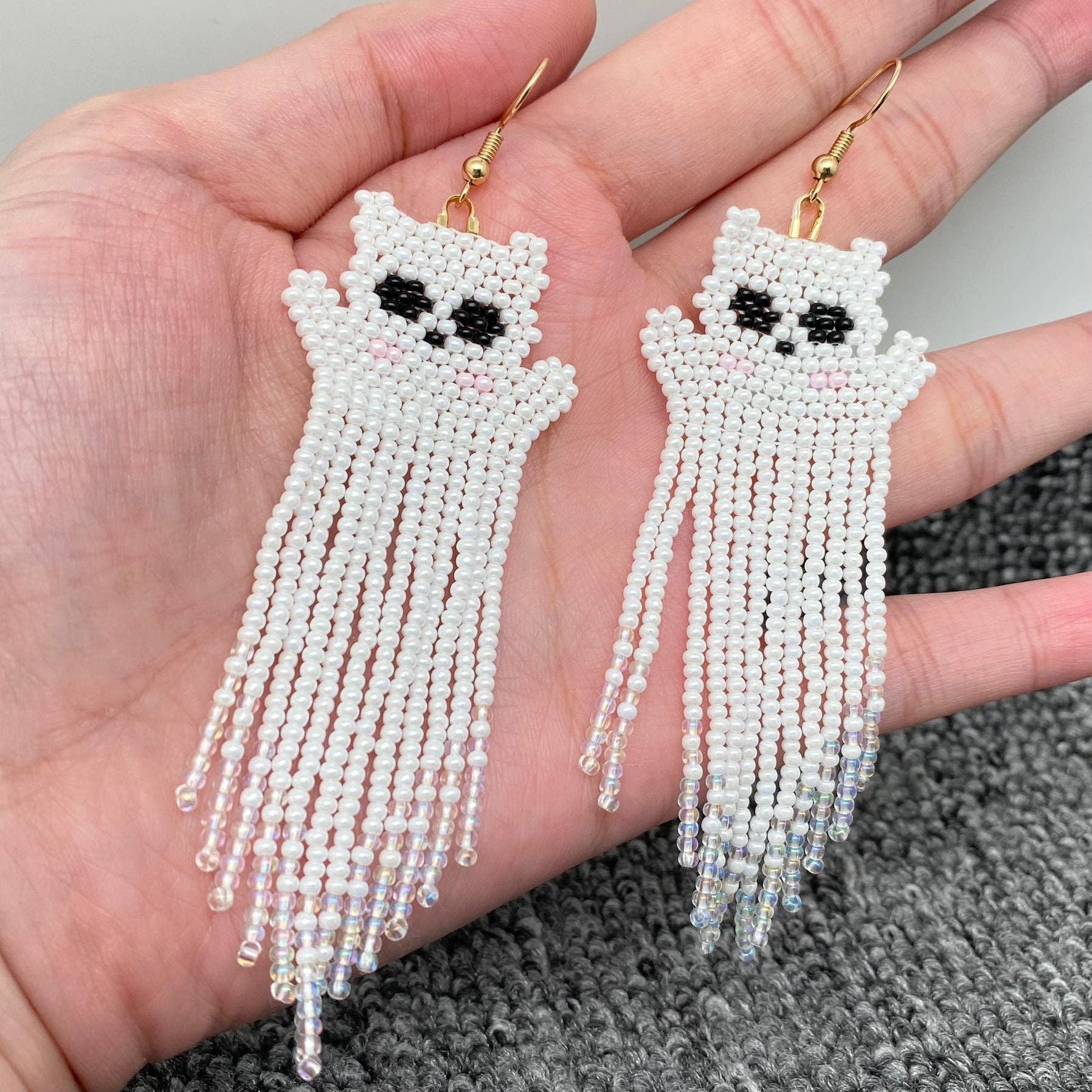 Halloween Ghost Seed Beads Fringe Earrings - Spiral Circle