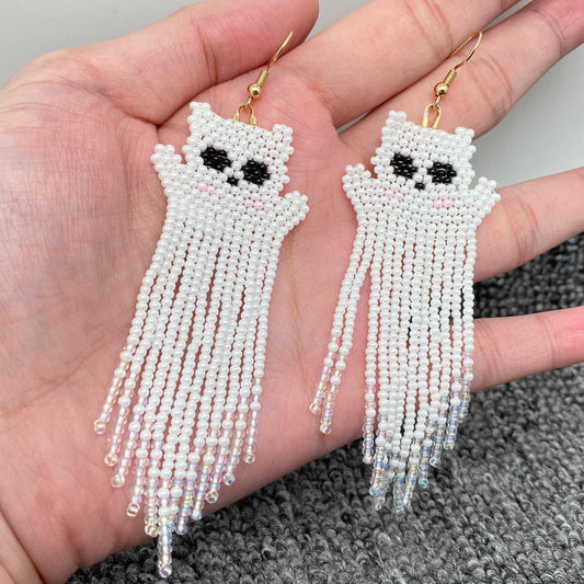 Halloween Ghost Seed Beads Fringe Earrings - Spiral Circle