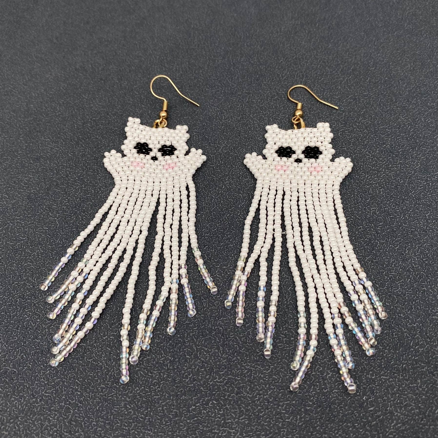 Halloween Ghost Seed Beads Fringe Earrings - Spiral Circle
