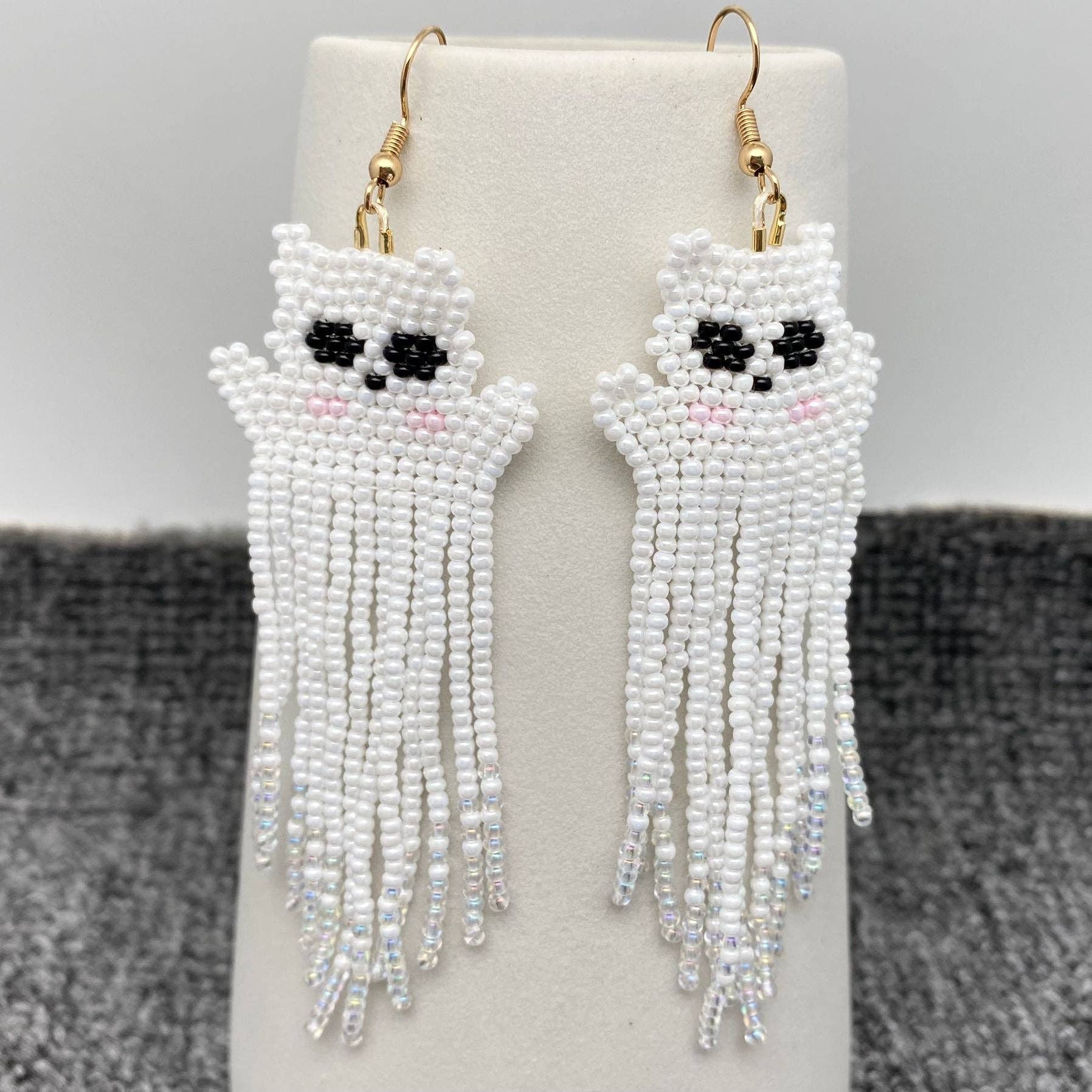 Halloween Ghost Seed Beads Fringe Earrings - Spiral Circle