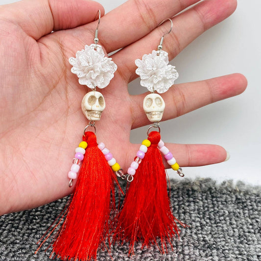 Halloween Jewelry Red Tassel Skull Dangle Earrings - Spiral Circle