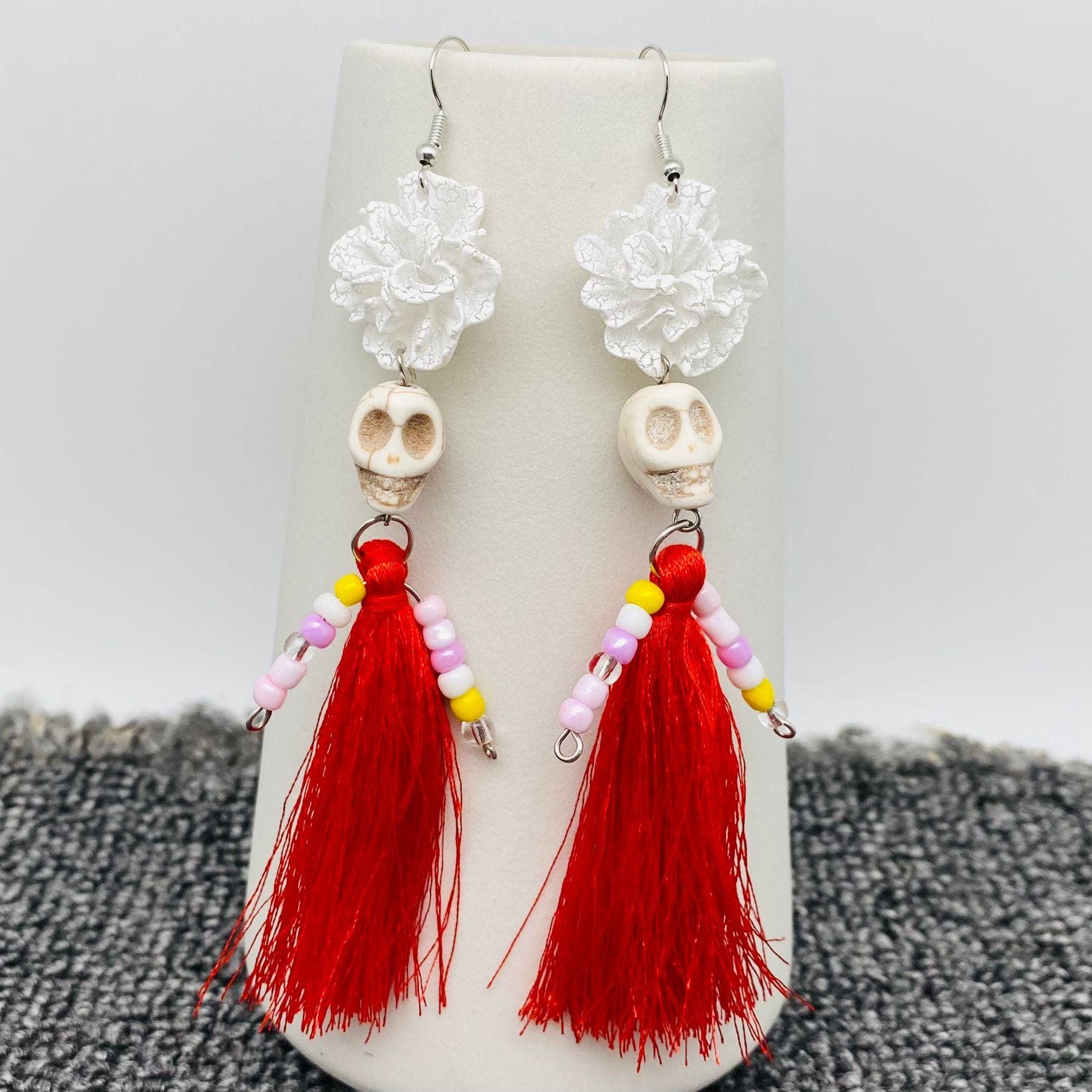 Halloween Jewelry Red Tassel Skull Dangle Earrings - Spiral Circle