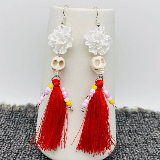 Halloween Jewelry Red Tassel Skull Dangle Earrings - Spiral Circle