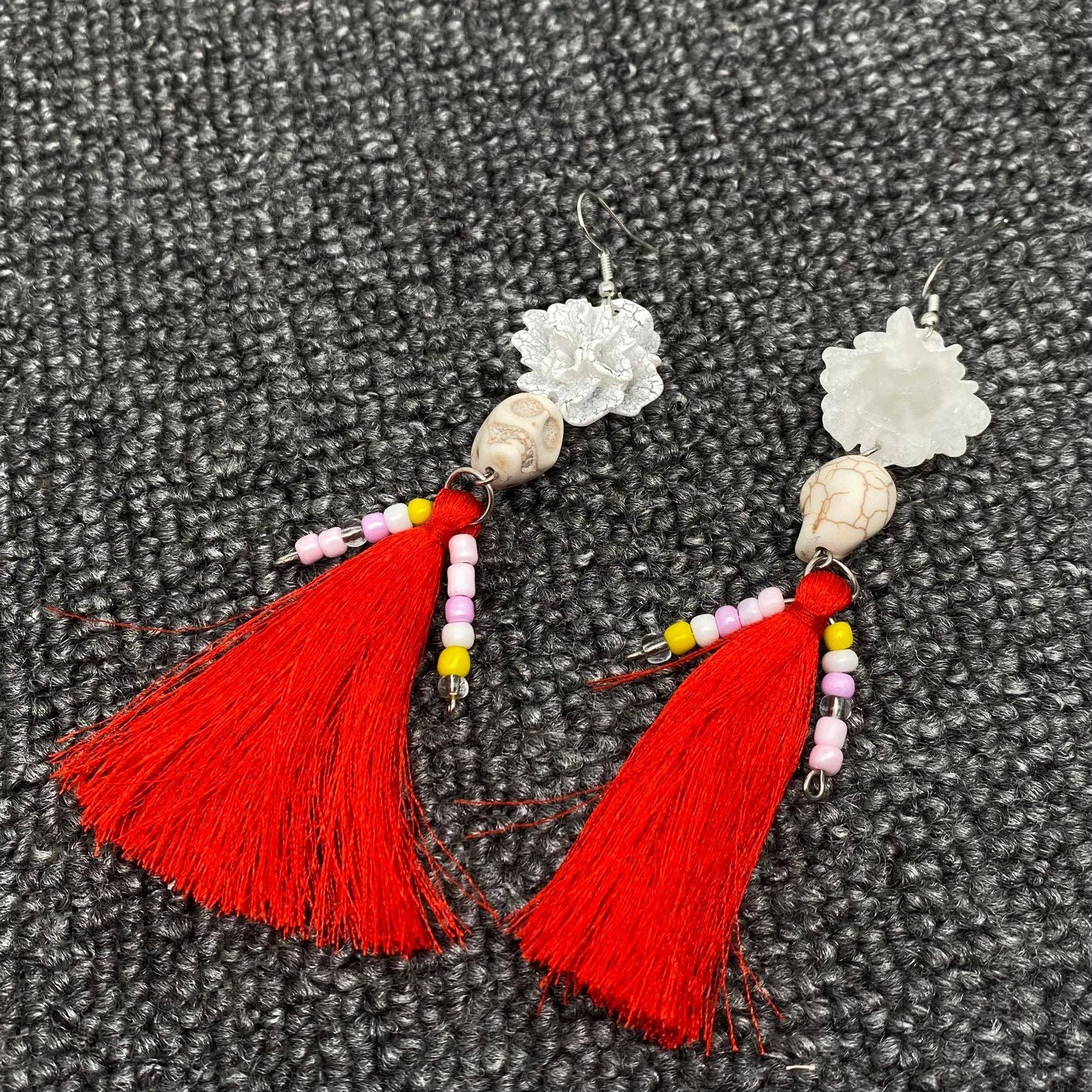 Halloween Jewelry Red Tassel Skull Dangle Earrings - Spiral Circle