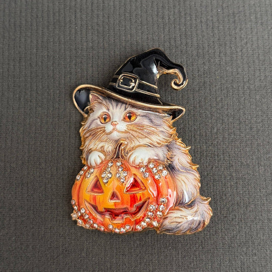Halloween Pumpkin & Cat Witch Brooch - Spiral Circle
