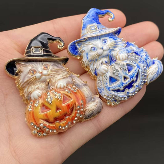Halloween Pumpkin & Cat Witch Brooch - Spiral Circle