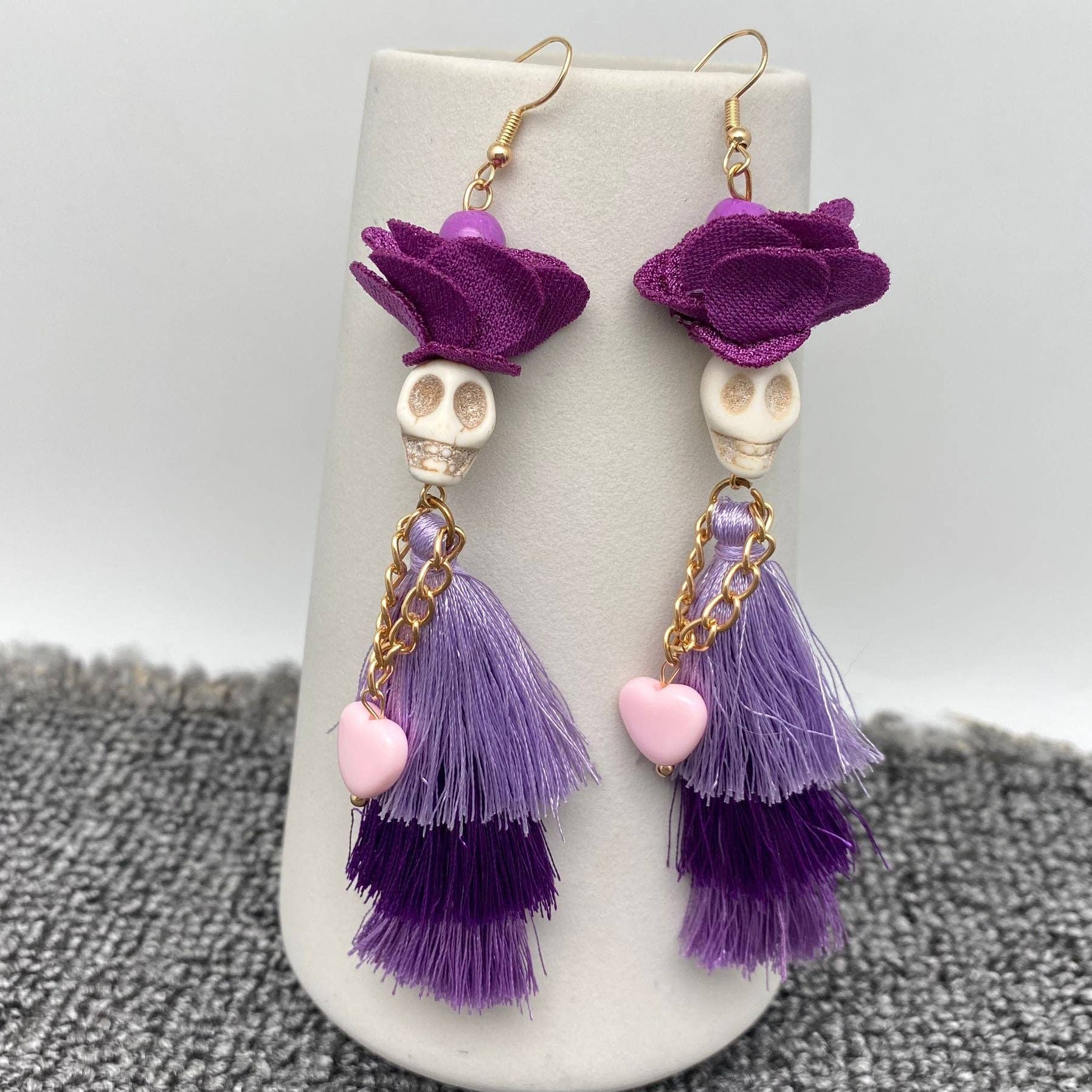 Halloween Purple Fringed Skeleton Lady Dangle Earrings - Spiral Circle