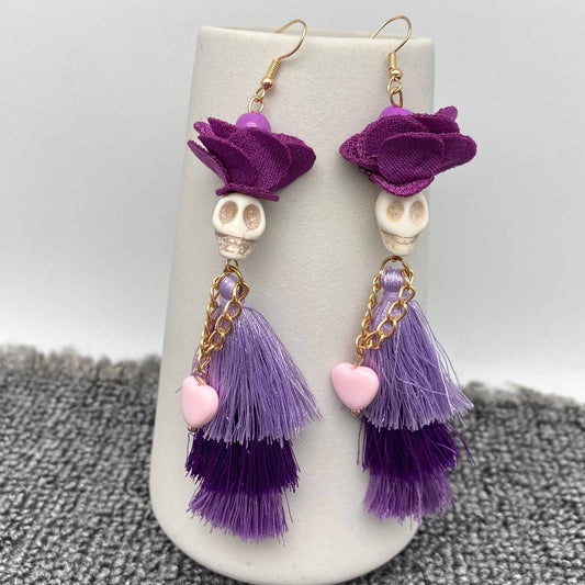 Halloween Purple Fringed Skeleton Lady Dangle Earrings - Spiral Circle