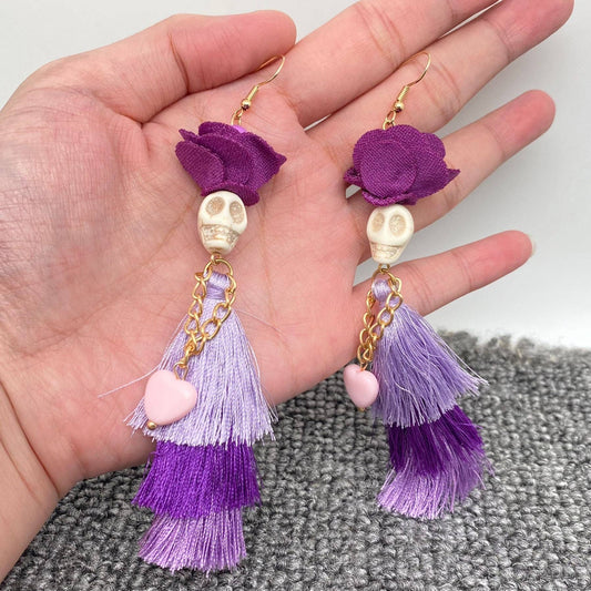 Halloween Purple Fringed Skeleton Lady Dangle Earrings - Spiral Circle